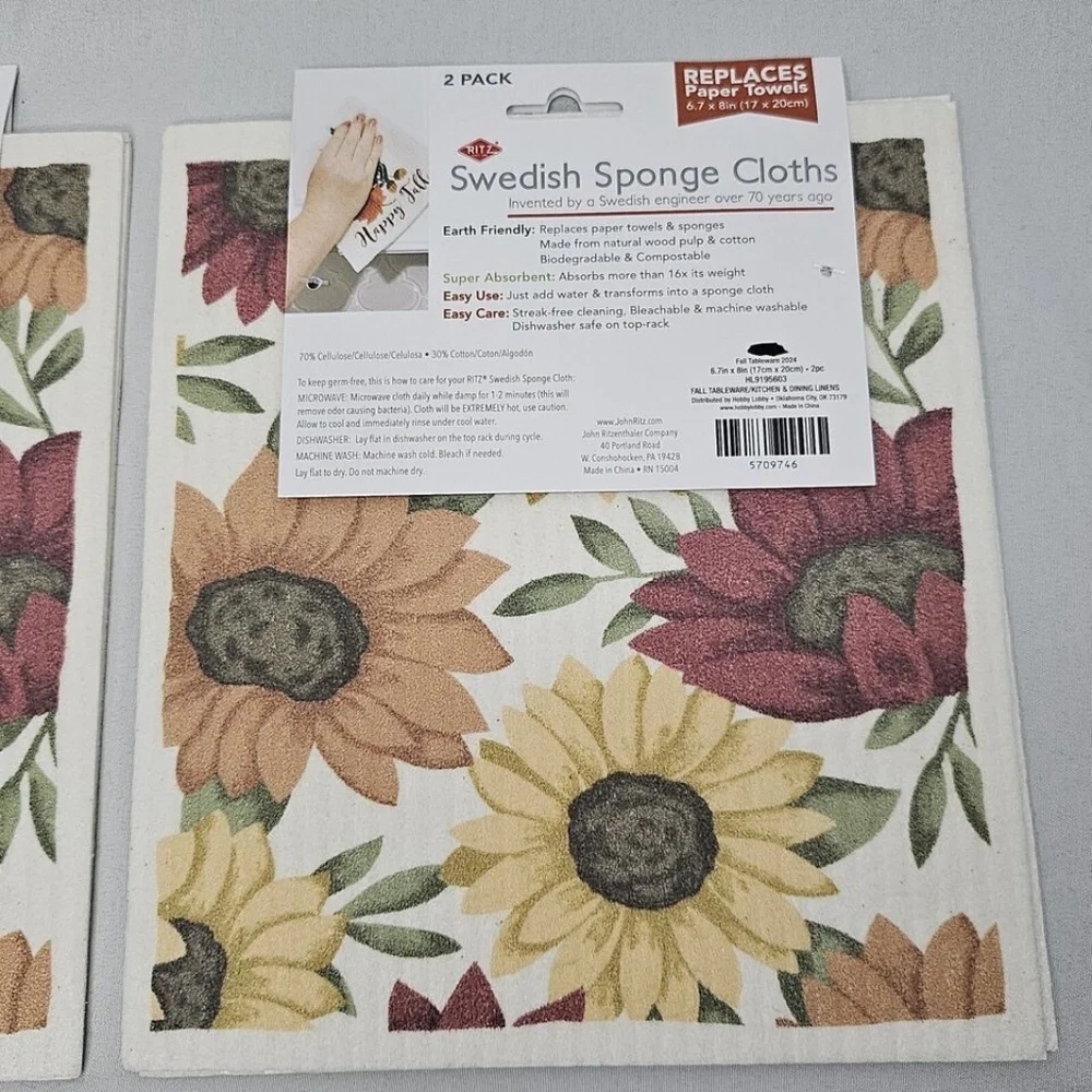 New Set of 2 Ritz Swedish Sponge Cloth 2 packs Fall Floral Sunflowers 6.7